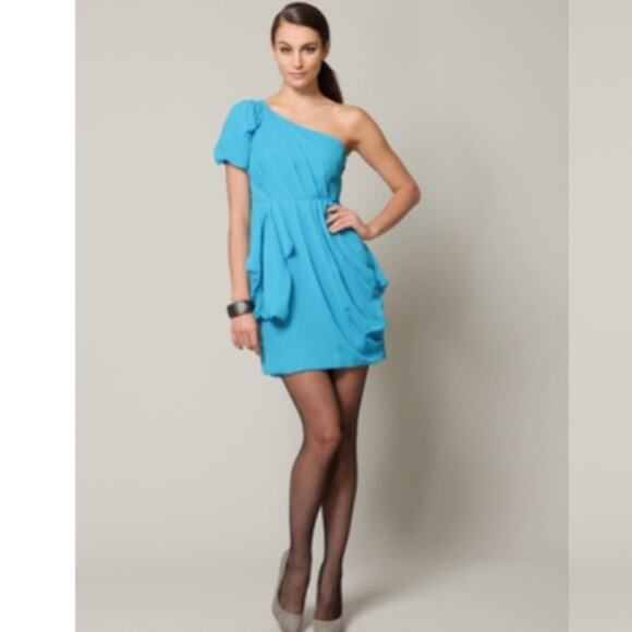 NWT TIBI One Shoulder Silk Chiffon Draped Cocktail Dress Turquoise 2 - Picture 8 of 8